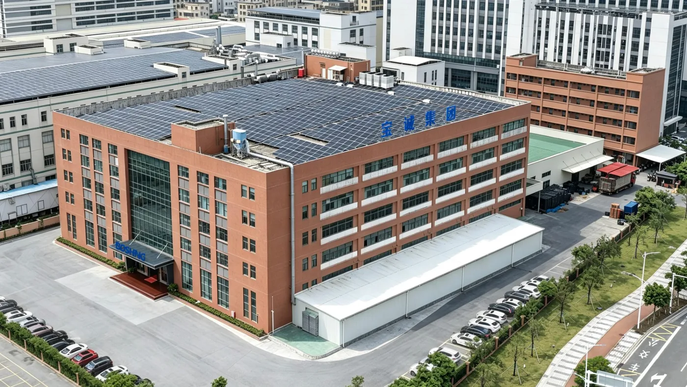 Aerial view of the BOSHING Mould & Plastic plant in Zhuhai — 20,000 m² factory with rooftop solar, housing mould making, injection moulding and pump assembly