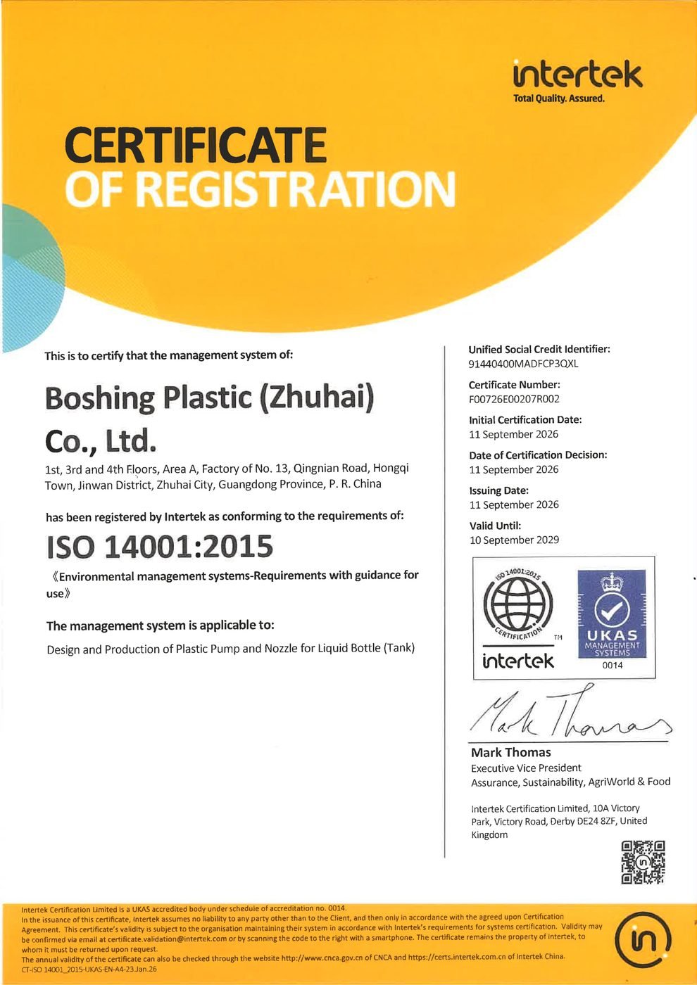 ISO 14001:2015 Certificate of Registration