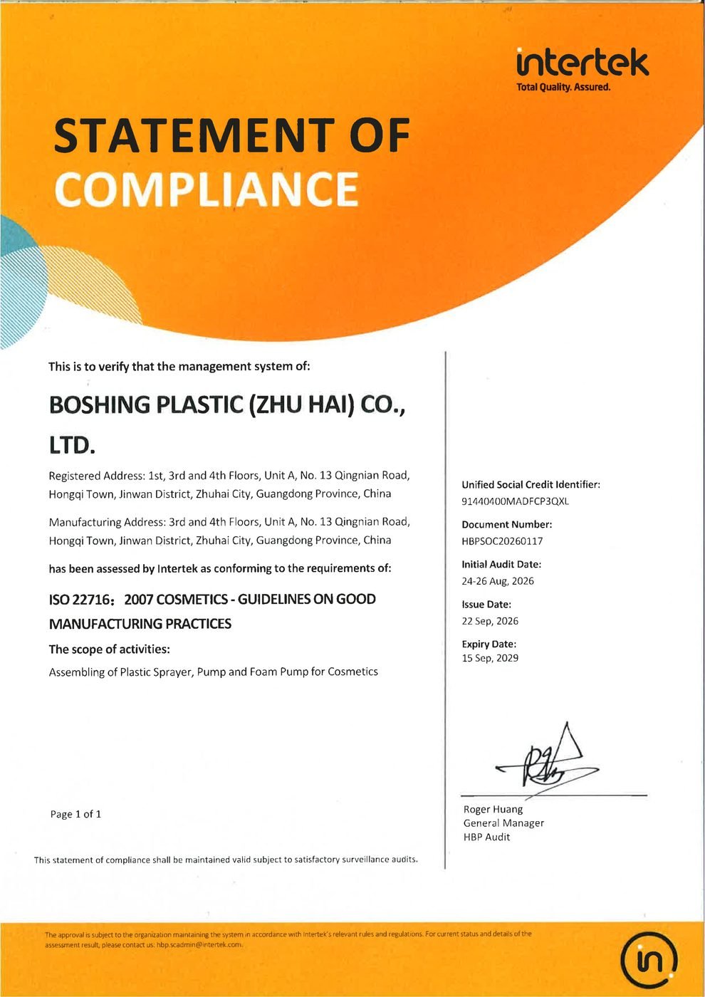 ISO 22716:2007 Statement of Compliance